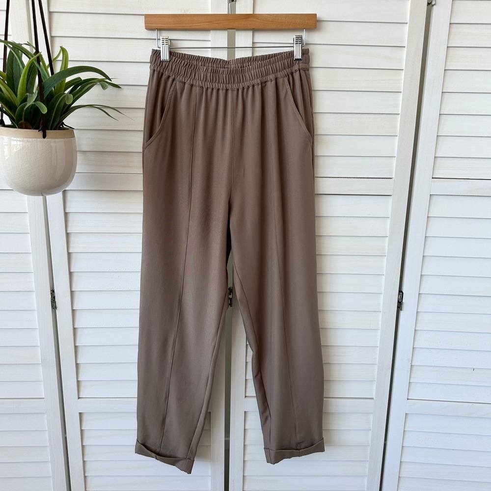 Varley Cypress Turn Up Twill Stretch Pants Taupe Brown Elastic‎ Waist Size XS